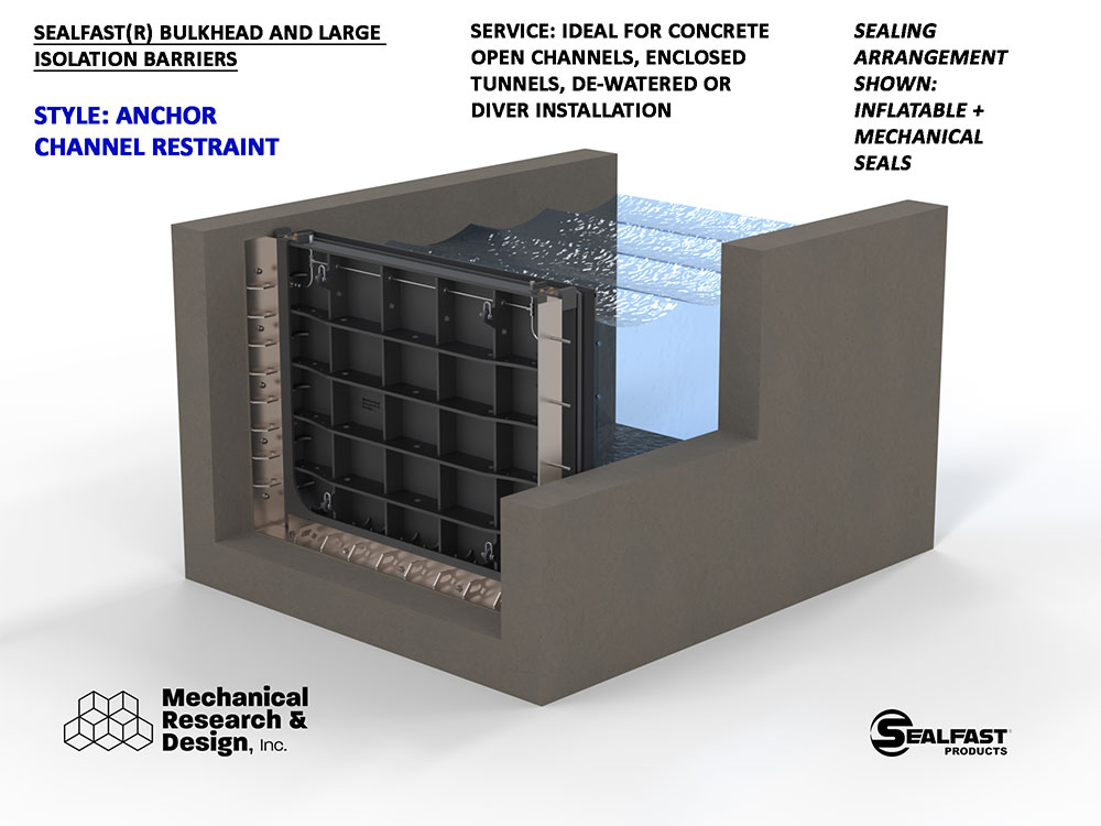 CHANNEL BULKHEAD; CHANNEL BARRIERS; LARGE PIPE PLUGS; TUNNEL PLUGS; TUNNEL BULKHEAD; LARGE ISOLATION BARRIERS AND BULKHEADS; SEALFAST® PRODUCTS, MECHANICAL RESEARCH & DESIGN, INC.