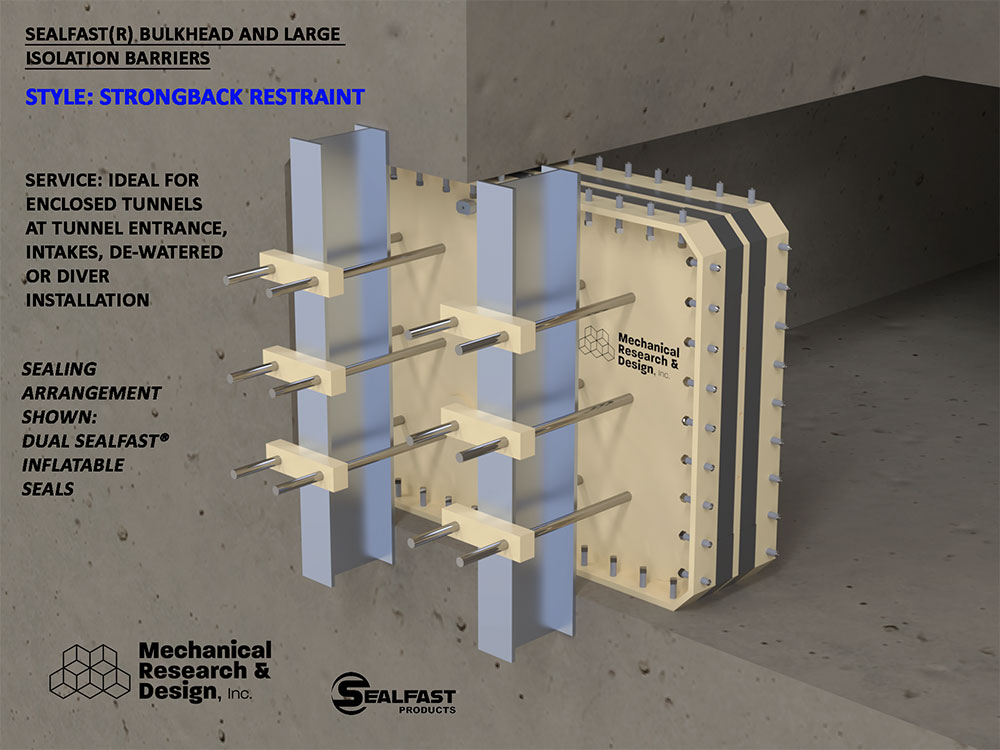 INTAKE BULKHEAD, STRONGBACK PLUG; STRONGBACK BULKHEAD; STRONGBACK BARRIER; INTAKE BARRIER; LARGE PIPE PLUGS; TUNNEL PLUGS; TUNNEL BULKHEAD; LARGE ISOLATION BARRIERS AND BULKHEADS; SEALFAST® PRODUCTS, MECHANICAL RESEARCH & DESIGN, INC.