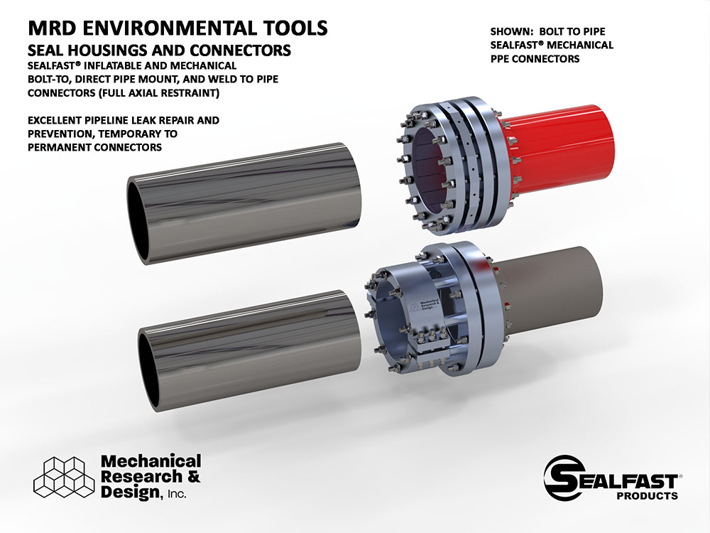 ENVIRONMENTAL CONNECTOR; LEAK CONTROL; LEAK PREVENTION; PIPE CONNECTOR; FLANGE ADAPTOR; ENVIRONMENTAL TOOLS; ENVIRONMENTAL CONTROLS; MRD ENVIRONMENTAL; SEALFAST® PRODUCTS; MECHANICAL RESEARCH & DESIGN, INC.