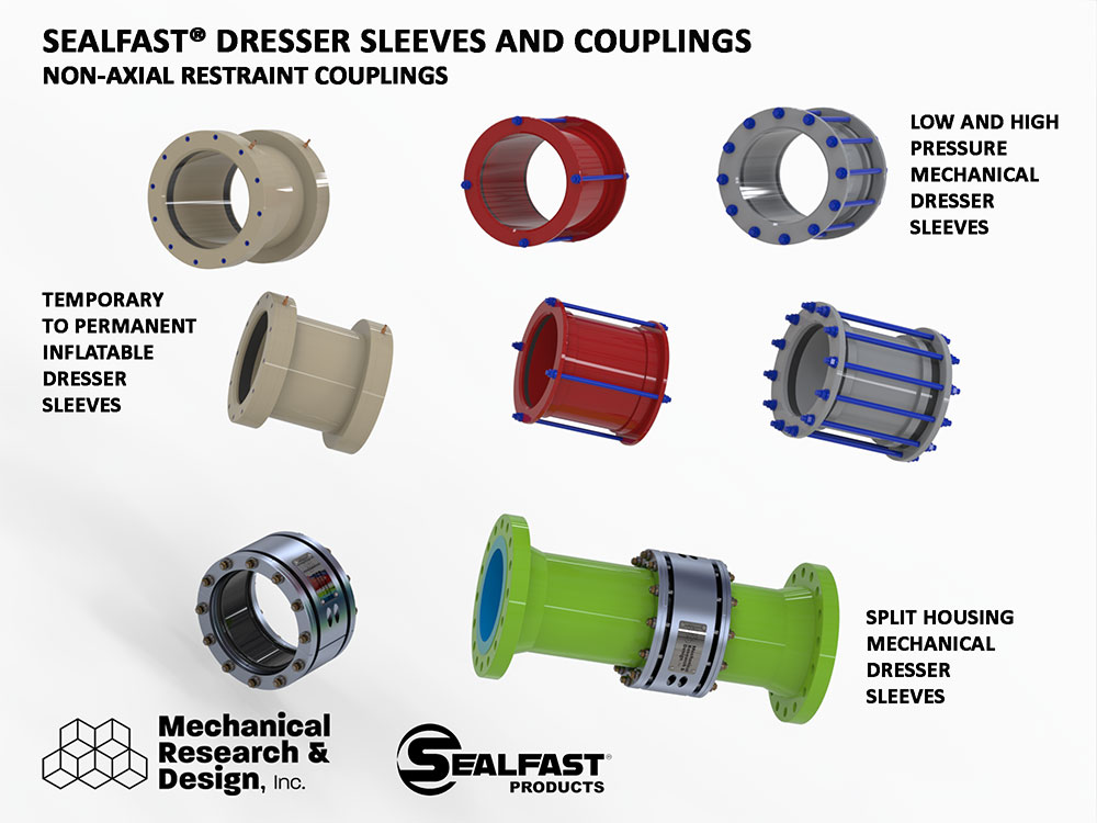 DRESSER SLEEVE; PIPE UNION; PIPE CONNECTOR; CUSTOM UNION; CUSTOM PIPE UNION CONNECTOR; FLANGE ADAPTOR; FLANGE ATTACHMENT; SEALFAST® UNION CONNECTOR; SEALFAST® PRODUCTS; MECHANICAL RESEARCH & DESIGN, INC.