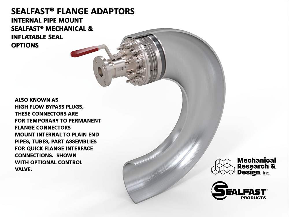 IN-PIPE FLANGE ADAPTOR; CUSTOM PIPE CONNECTORS; CUSTOM FLANGE ADAPTORS; FLANGE ADAPTORS; MECHANICAL CONNECTOR; SUBSEA PIPE CONNECTOR; SUBSEA PIPE CLAMP; SUBSEA FLANGE ADAPTOR; PIPE CONNECTORS; SUBSEA CONNECTORS; FLANGE ATTACHMENT; SEALFAST® PRODUCTS; MECHANICAL RESEARCH & DESIGN, INC.