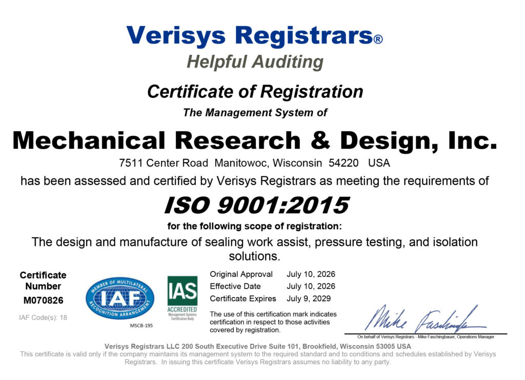 Mechanical Research & Design ISO 9001 2015 Certificate 2026