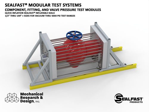 VALVE PRESSURE TESTER; VALVE TESTER; PIPE TEST MACHINE, PIPE TEST MODULE, COMPONENT LEAK TESTER; PIPE TESTER; PIPE TEST STATION; FITTING TESTER; ELBOW TESTER; ELBOW PRESSURE TESTER; PIPE PRESSURE TESTER, BURST TESTER; SEALFAST® PRODUCTS; MECHANICAL RESEARCH & DESIGN, INC.