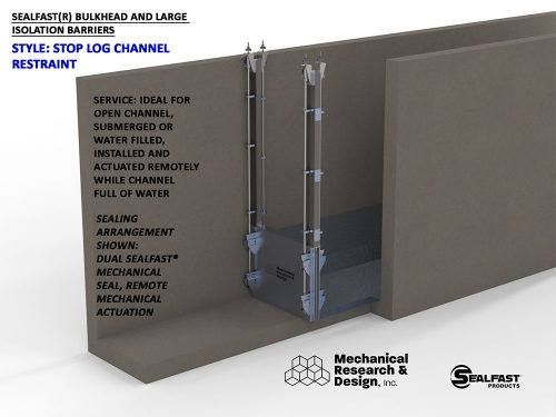 STOP LOG BULKHEAD, STOP LOG BARRIER; CHANNEL BULKHEAD; CHANNEL BARRIERS; LARGE PIPE PLUGS; TUNNEL PLUGS; TUNNEL BULKHEAD; LARGE ISOLATION BARRIERS AND BULKHEADS; SEALFAST® PRODUCTS, MECHANICAL RESEARCH & DESIGN, INC.