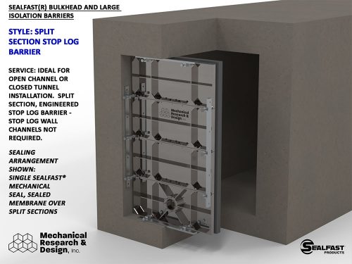 STOP LOG BULKHEAD, STOP LOG BARRIER; CHANNEL BULKHEAD; CHANNEL BARRIERS; LARGE PIPE PLUGS; TUNNEL PLUGS; TUNNEL BULKHEAD; LARGE ISOLATION BARRIERS AND BULKHEADS; SEALFAST® PRODUCTS, MECHANICAL RESEARCH & DESIGN, INC.